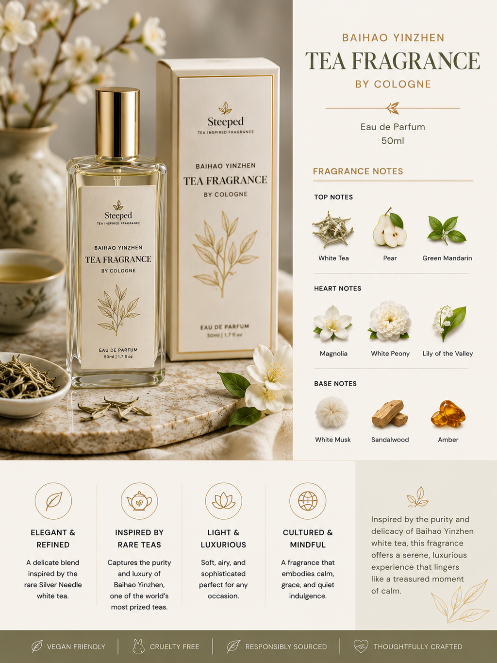 Tea fragrance product with packaging and detailed description on a wooden surface.