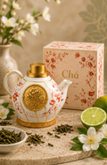 Tea-themed product display with teapot, tea leaves, and packaging, accompanied by fragrance notes and branding information.