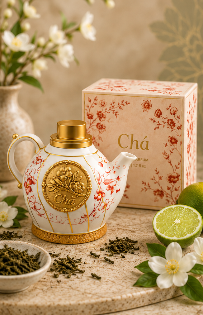 Tea-themed product display with teapot, tea leaves, and packaging, accompanied by fragrance notes and branding information.