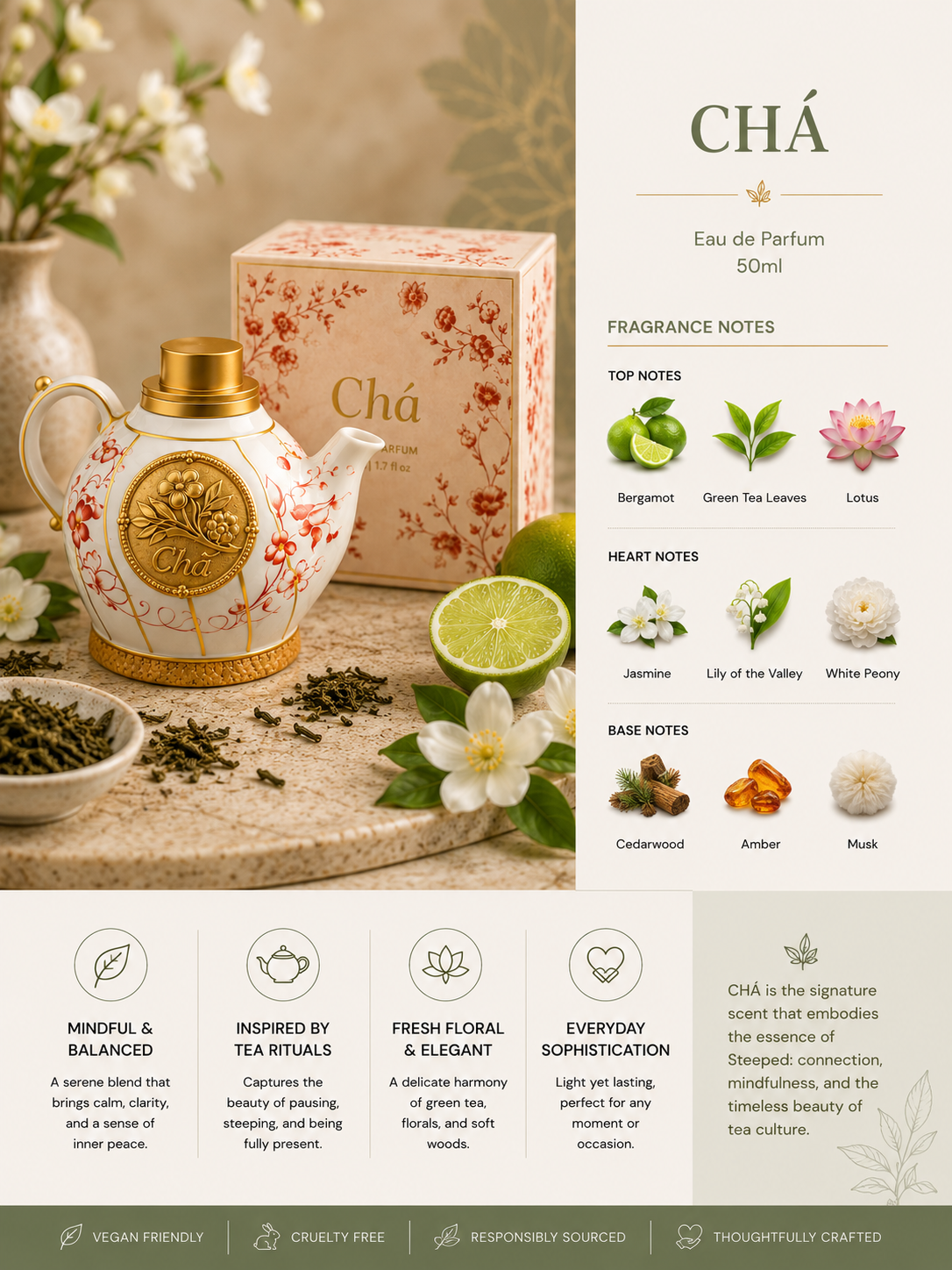 Tea-themed product display with teapot, tea leaves, and packaging, accompanied by fragrance notes and branding information.