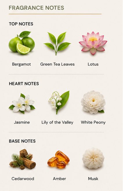 Tea-themed product display with teapot, tea leaves, and packaging, accompanied by fragrance notes and branding information.