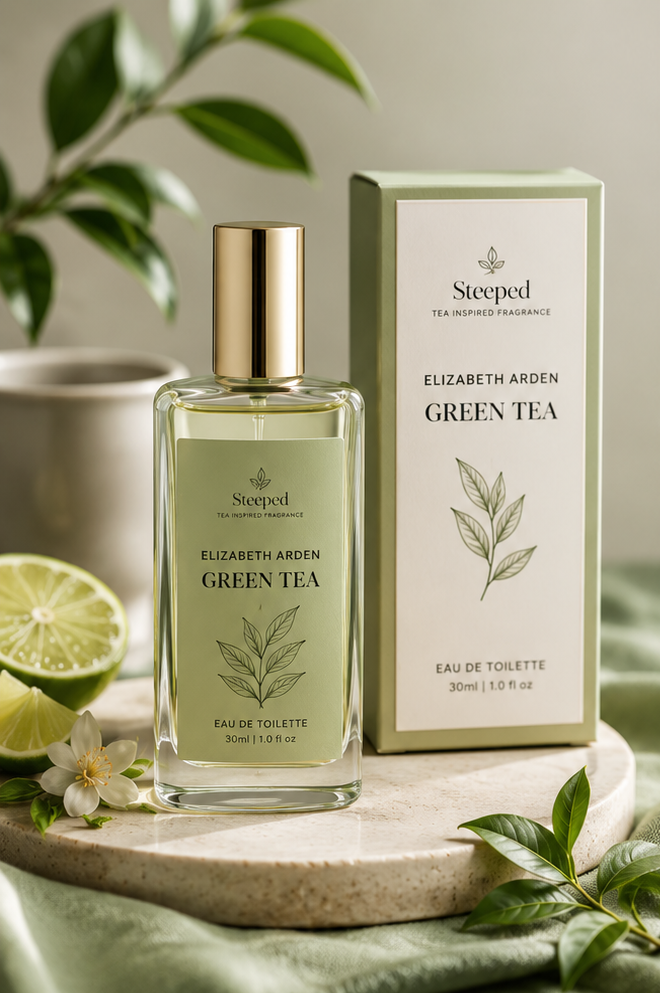 Elizabeth Arden Green Tea perfume bottle and packaging with fragrance notes on a green background