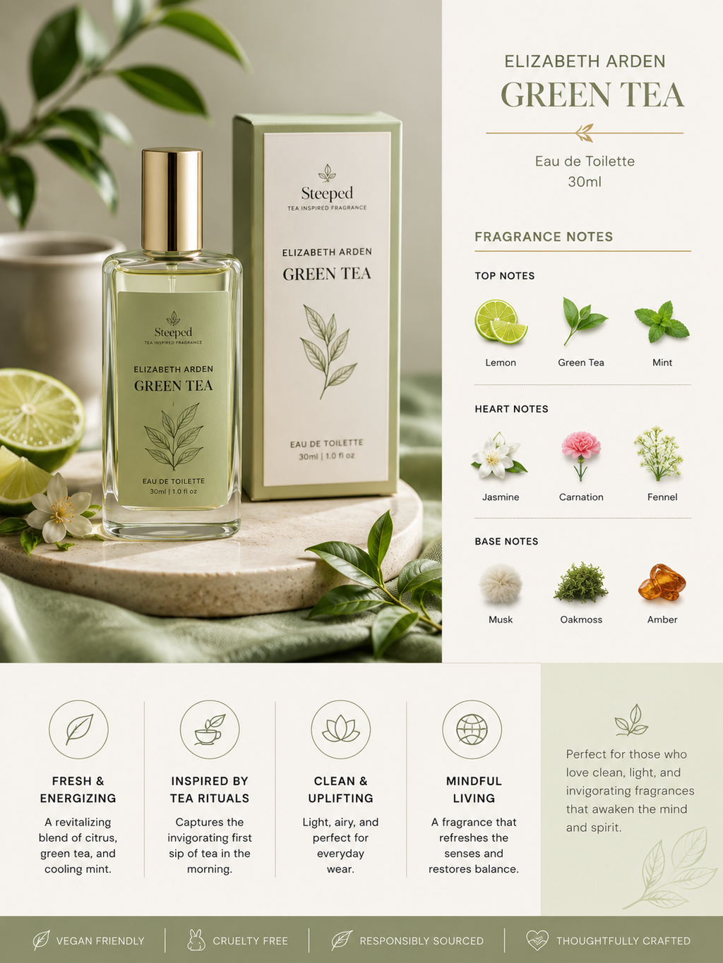 Elizabeth Arden Green Tea perfume bottle and packaging with fragrance notes on a green background