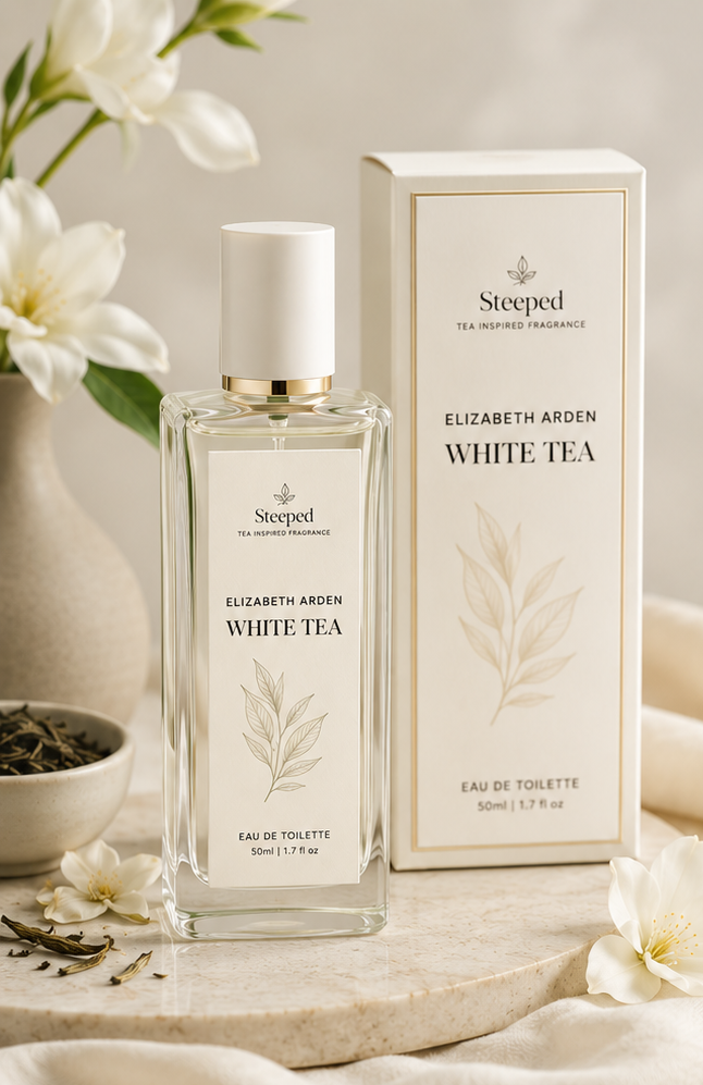 Elizabeth Arden White Tea perfume bottle and packaging with fragrance notes on a light background