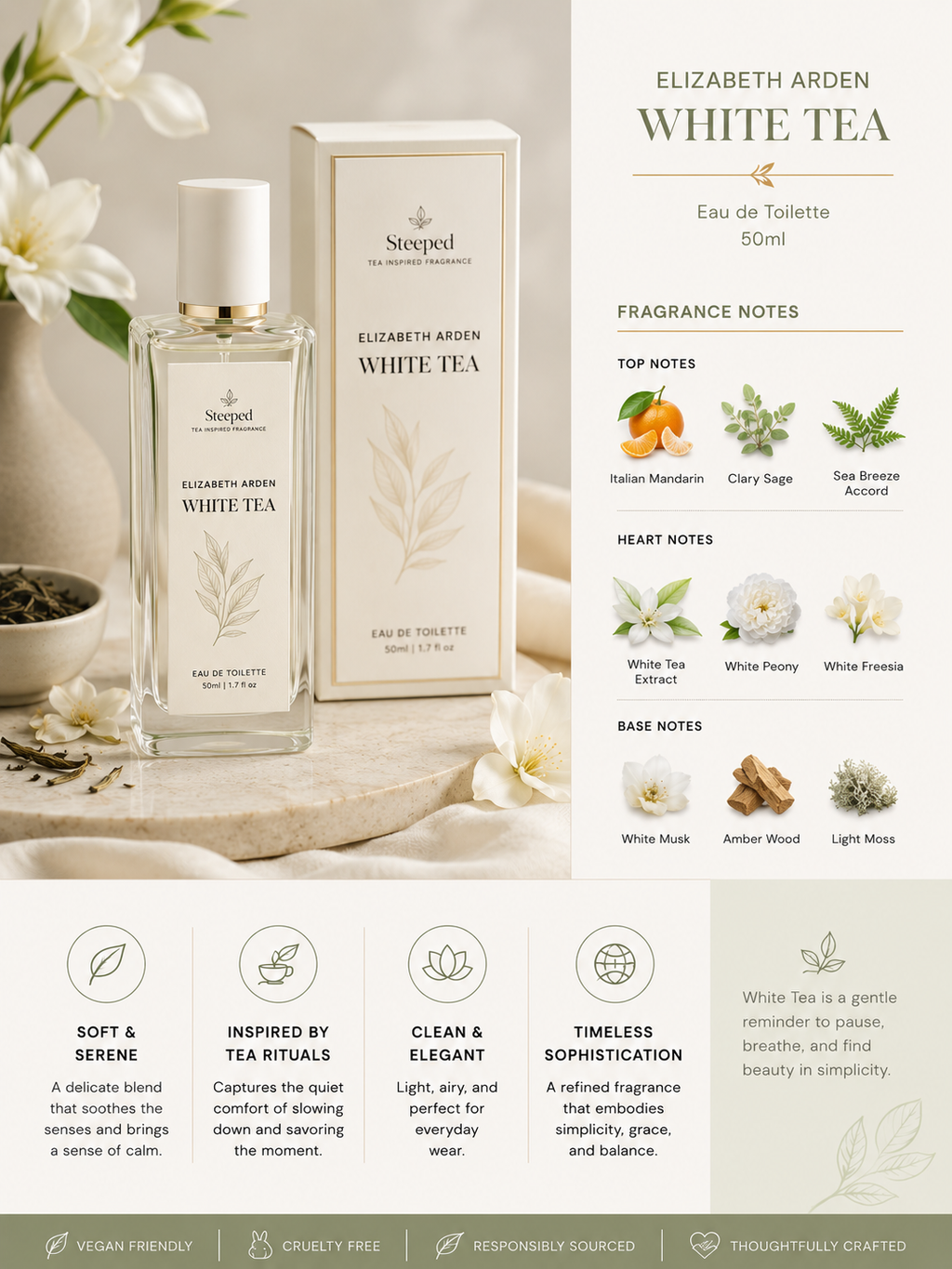 Elizabeth Arden White Tea perfume bottle and packaging with fragrance notes on a light background