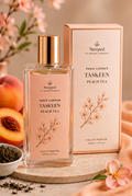 Paris Corner Taskeen Peach Tea perfume bottle and packaging with fragrance notes and features.