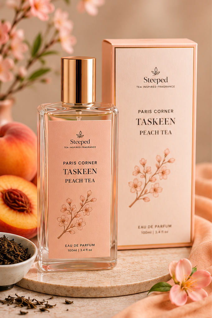 Paris Corner Taskeen Peach Tea perfume bottle and packaging with fragrance notes and features.