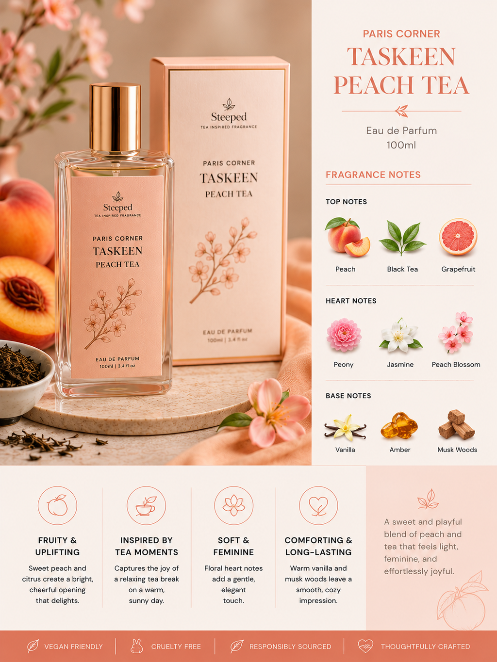 Paris Corner Taskeen Peach Tea perfume bottle and packaging with fragrance notes and features.
