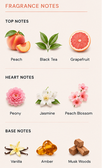 Paris Corner Taskeen Peach Tea perfume bottle and packaging with fragrance notes and features.