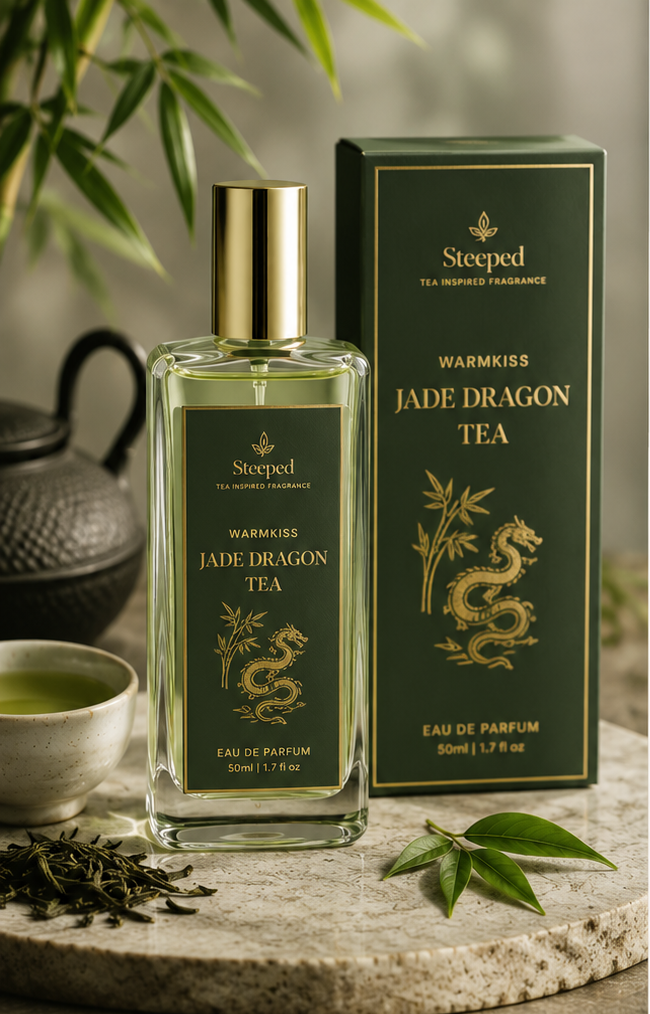 Jade Dragon Tea perfume bottle and packaging with tea-themed graphics and text.