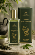 Jade Dragon Tea perfume bottle and packaging with tea-themed graphics and text.