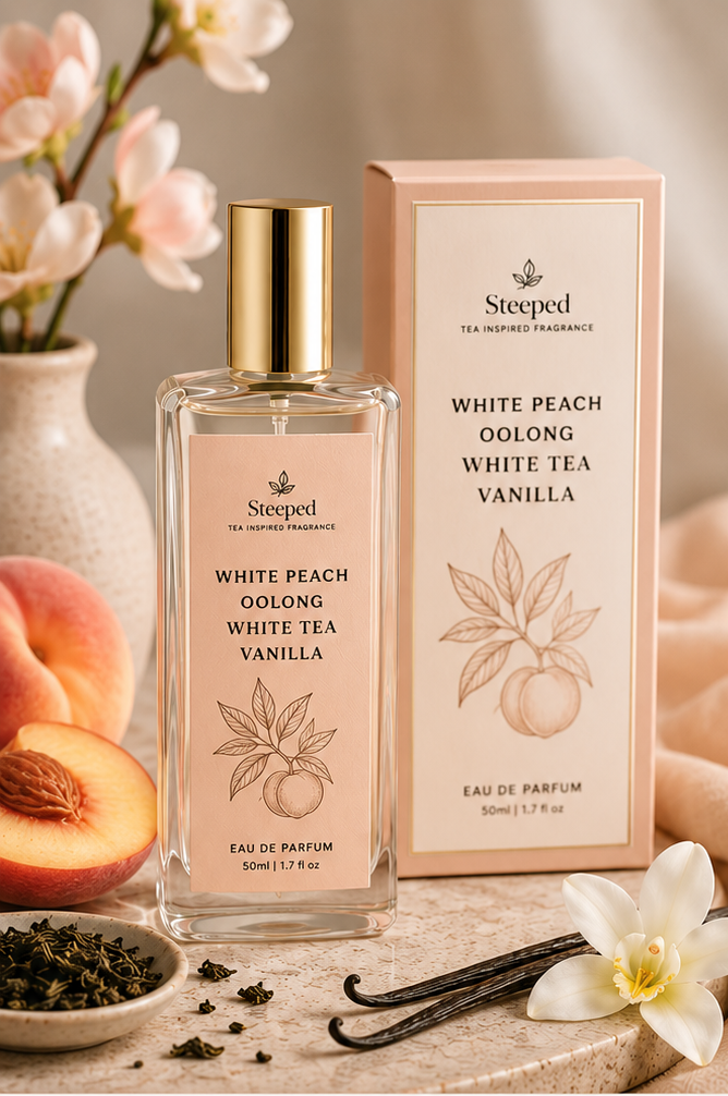 Steeped White Peach Oolong White Tea Vanilla perfume bottle and packaging with fragrance notes on the right.