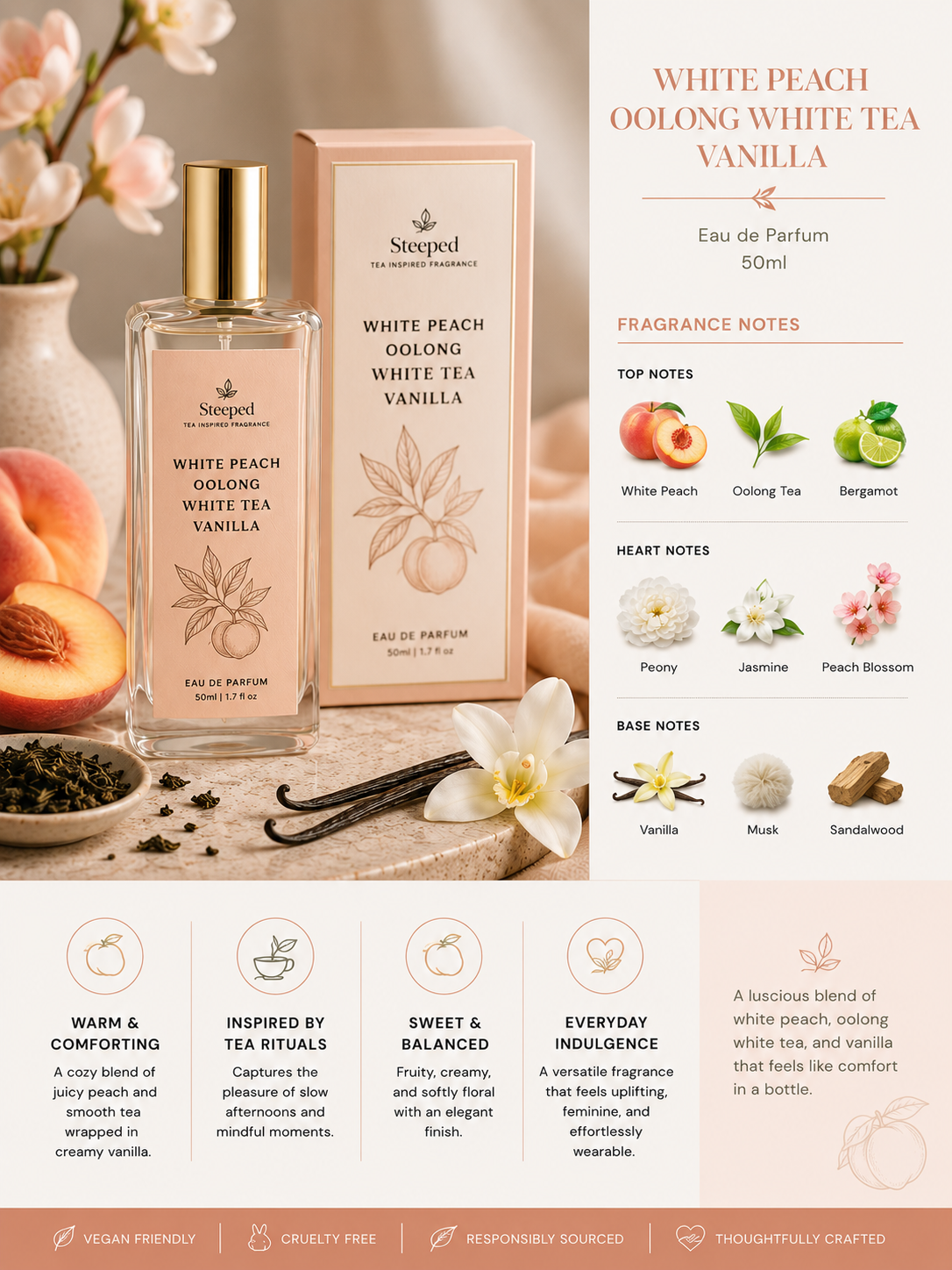 Steeped White Peach Oolong White Tea Vanilla perfume bottle and packaging with fragrance notes on the right.