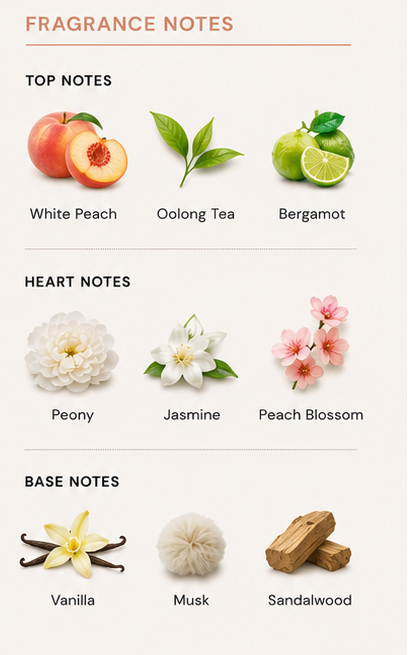 Steeped White Peach Oolong White Tea Vanilla perfume bottle and packaging with fragrance notes on the right.