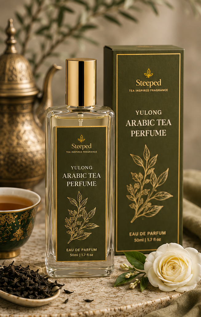 Yulong Arabic Tea perfume bottle and packaging with product details on a neutral background