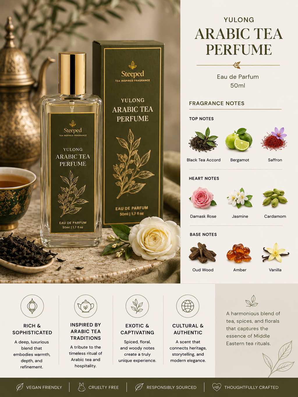 Yulong Arabic Tea perfume bottle and packaging with product details on a neutral background